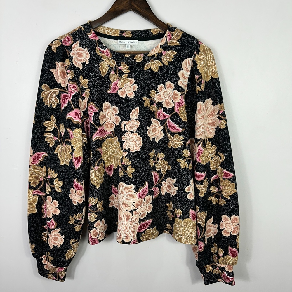 Maison dAmelie Paris Floral Puff Sleeve Top L Black Pink Boho Cottage Romantic